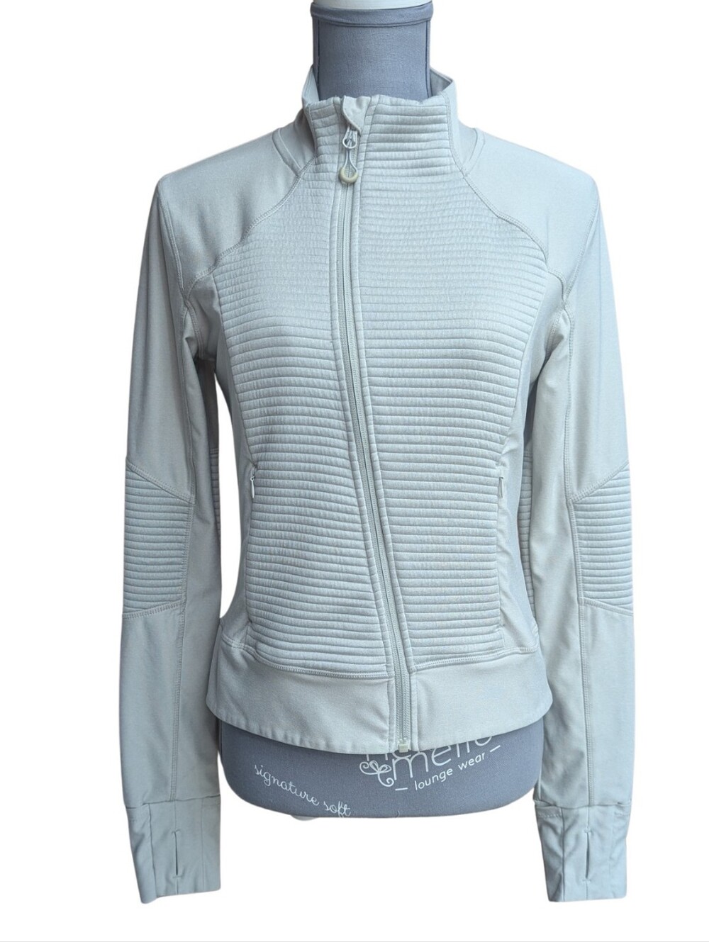 Mondetta Asymmetric Fitted Full Zip Active Jacket Ribbed Moto Pane Light Beige